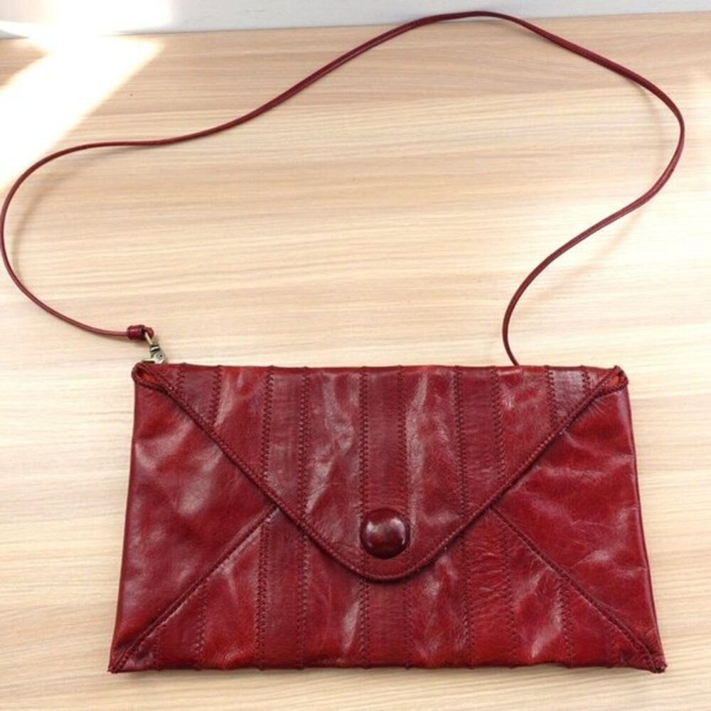Vintage Burgundy Patchwork‎ Leather Purse Bag Red Shoulder Envelope Sling Medium
